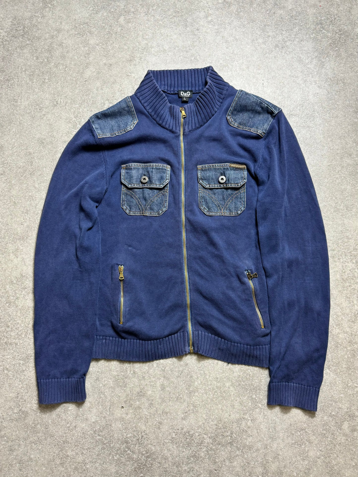 D&G Denim Panelled Knit Full Zip Cardigan