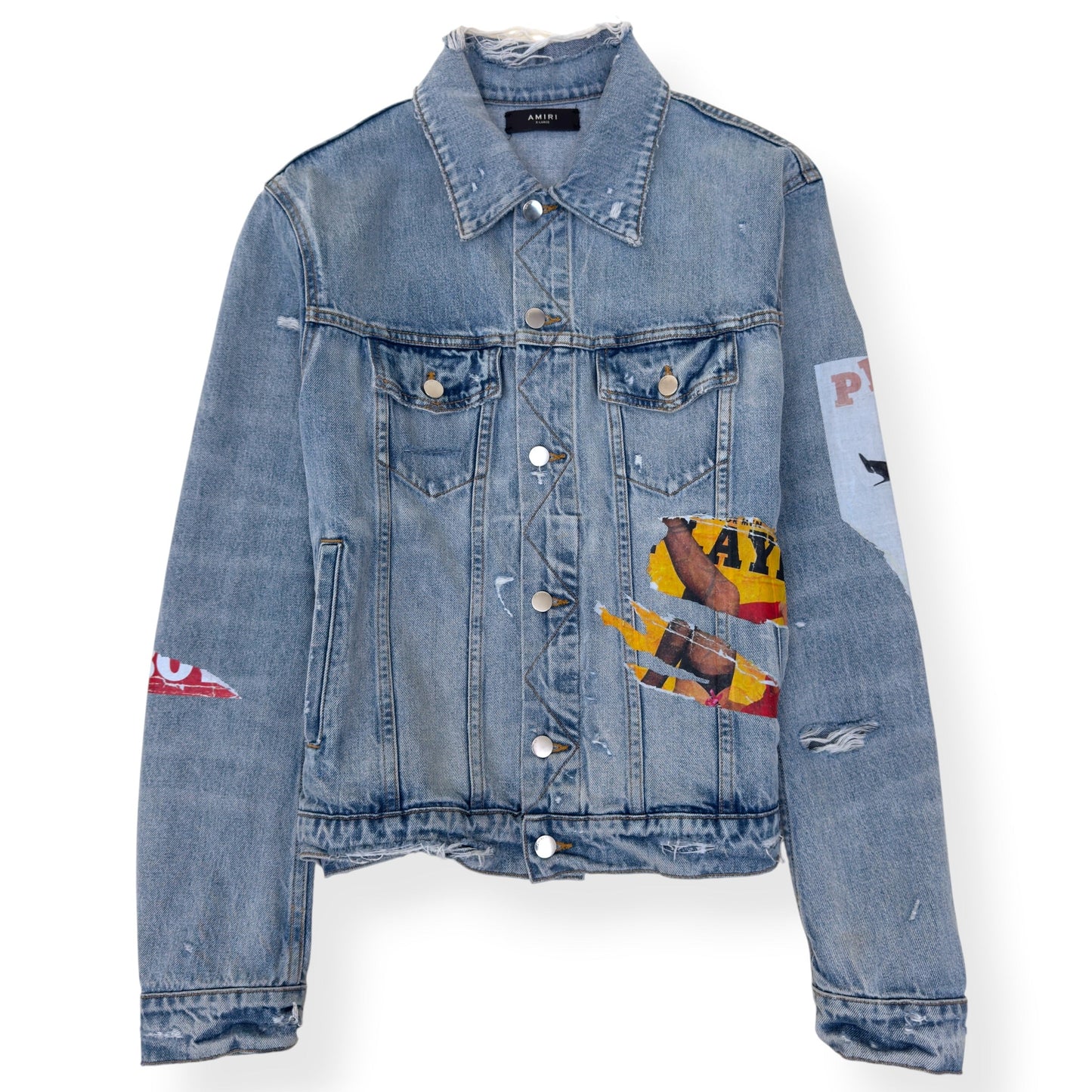 AMIRI X PLAYBOY MAGAZINE DISTRESSED DENIM JACKET BLUE XL | XL, Blue
