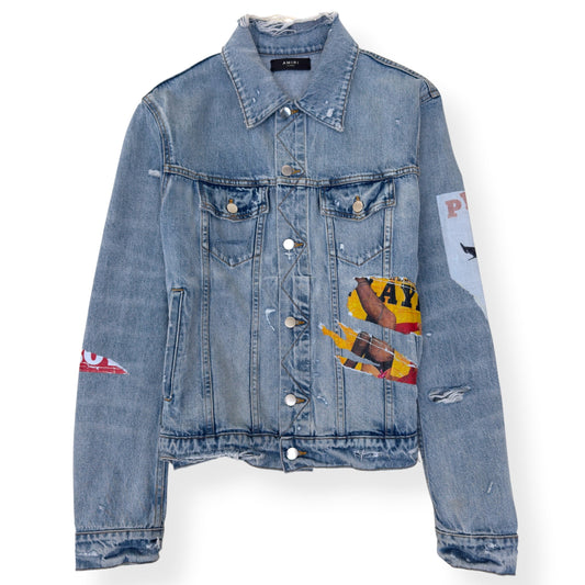 AMIRI X PLAYBOY MAGAZINE DISTRESSED DENIM JACKET BLUE XL | XL, Blue