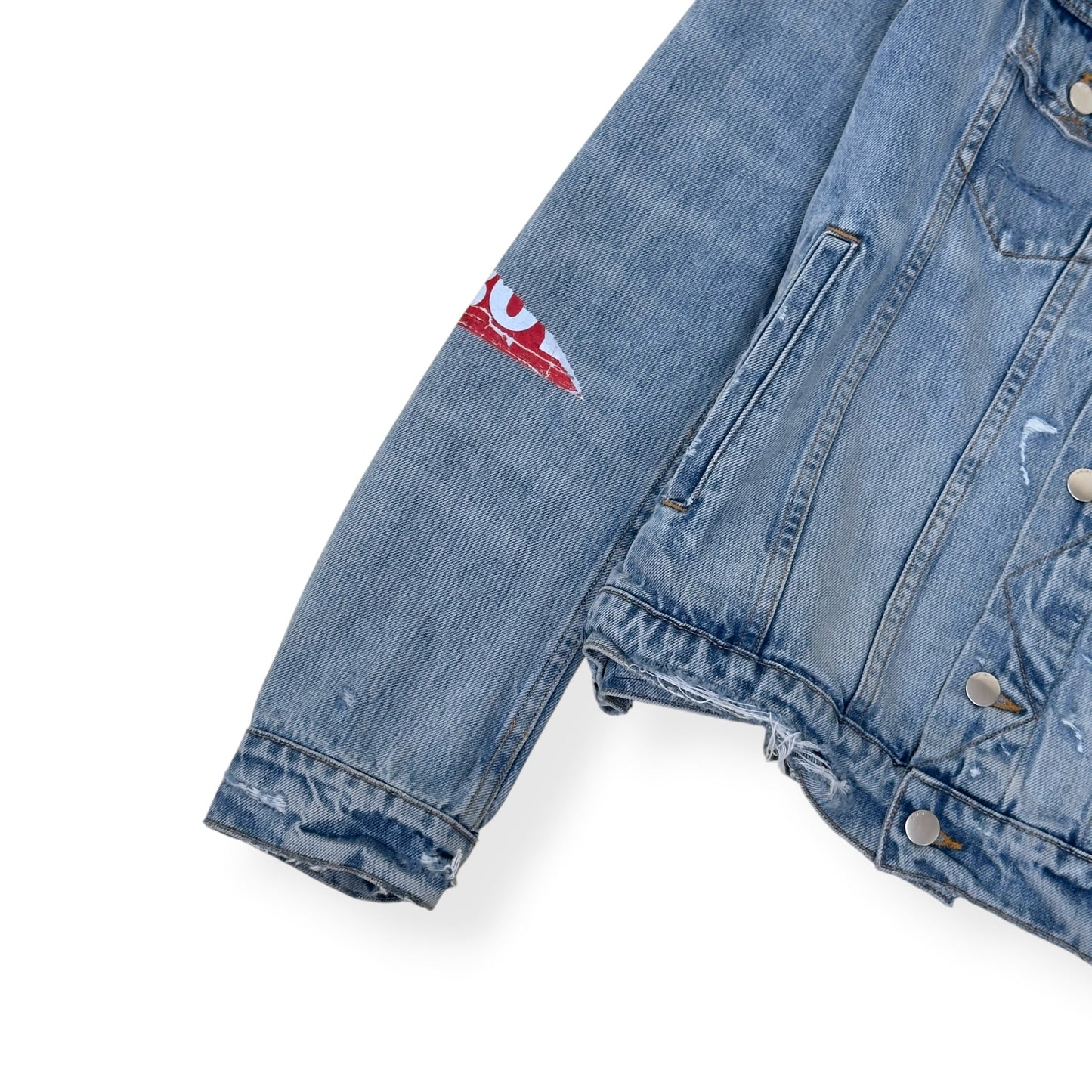 AMIRI X PLAYBOY MAGAZINE DISTRESSED DENIM JACKET BLUE XL | XL, Blue