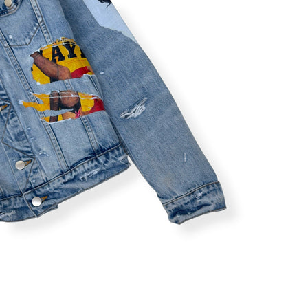 AMIRI X PLAYBOY MAGAZINE DISTRESSED DENIM JACKET BLUE XL | XL, Blue