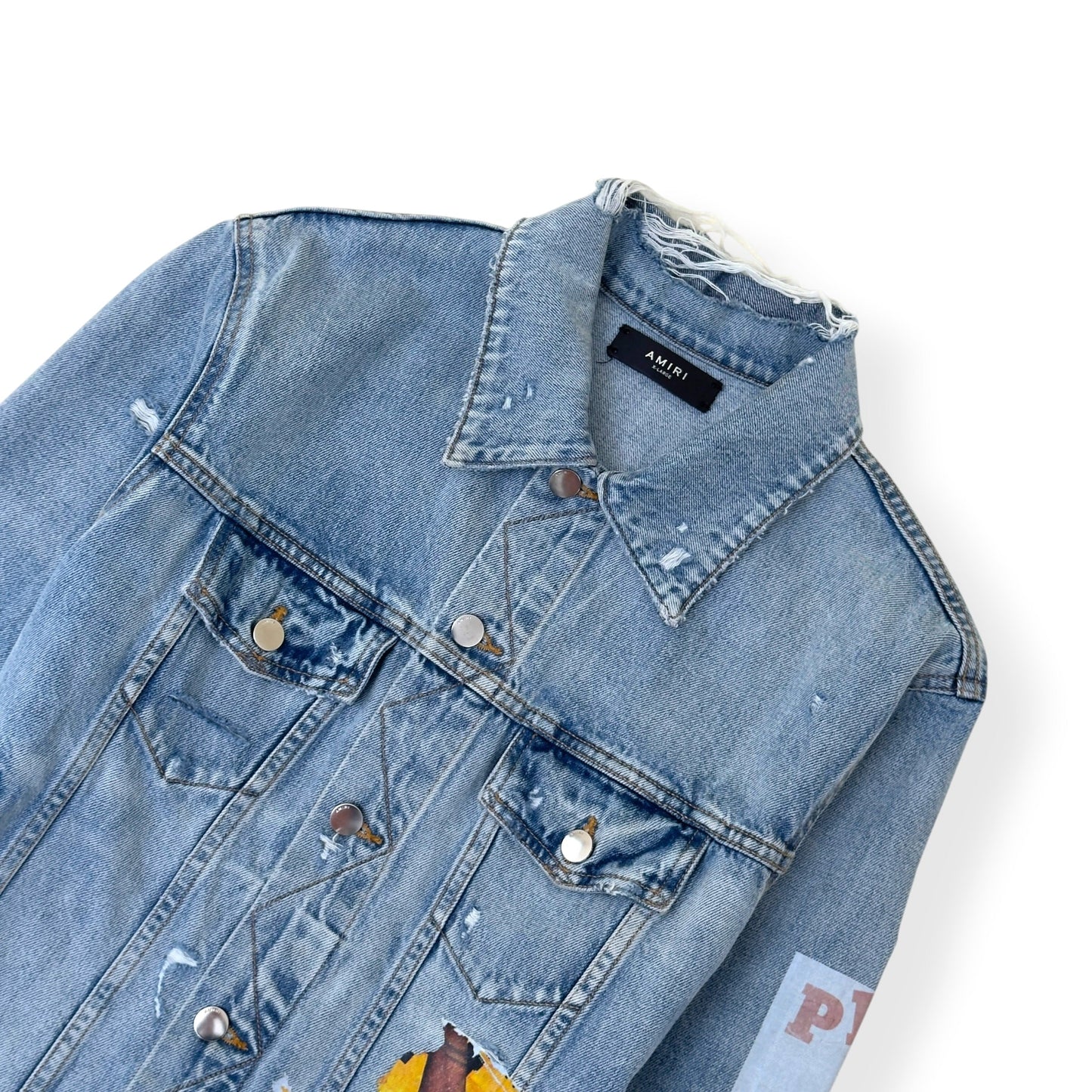 AMIRI X PLAYBOY MAGAZINE DISTRESSED DENIM JACKET BLUE XL | XL, Blue