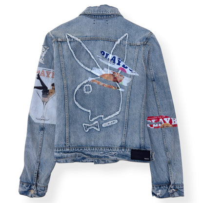 AMIRI X PLAYBOY MAGAZINE DISTRESSED DENIM JACKET BLUE XL | XL, Blue