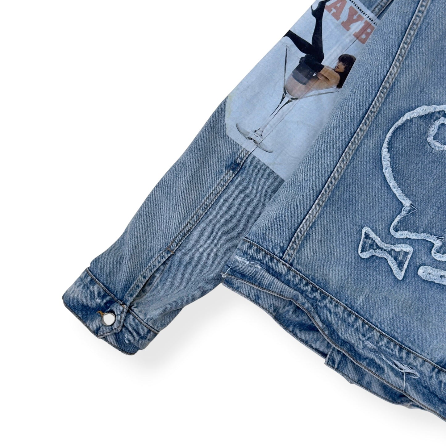 AMIRI X PLAYBOY MAGAZINE DISTRESSED DENIM JACKET BLUE XL | XL, Blue