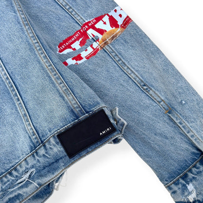 AMIRI X PLAYBOY MAGAZINE DISTRESSED DENIM JACKET BLUE XL | XL, Blue