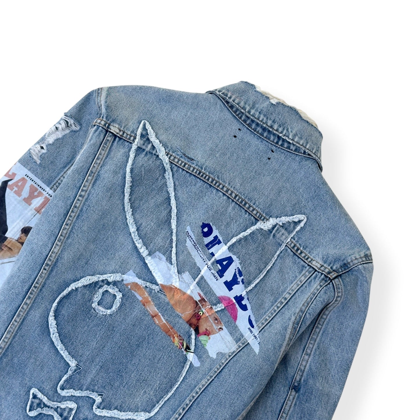 AMIRI X PLAYBOY MAGAZINE DISTRESSED DENIM JACKET BLUE XL | XL, Blue