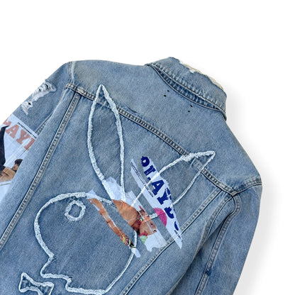 AMIRI X PLAYBOY MAGAZINE DISTRESSED DENIM JACKET BLUE XL | XL, Blue