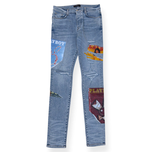 AMIRI X PLAYBOY MAGAZINE DISTRESSED SKINNY DENIM JEANS BLUE W33 / M | Medium, Blue