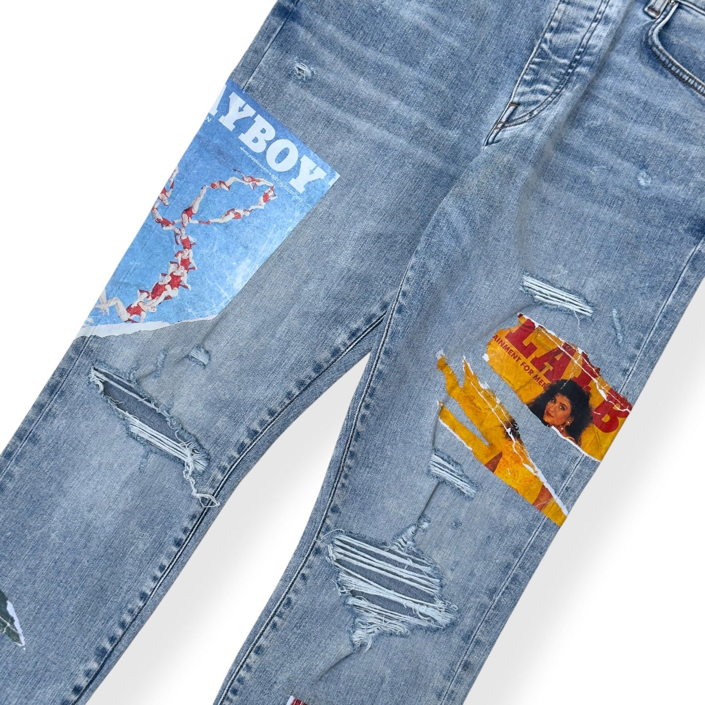 AMIRI X PLAYBOY MAGAZINE DISTRESSED SKINNY DENIM JEANS BLUE W33 / M | Medium, Blue