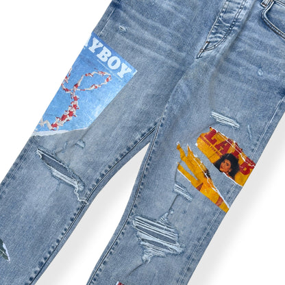 AMIRI X PLAYBOY MAGAZINE DISTRESSED SKINNY DENIM JEANS BLUE W33 / M | Medium, Blue