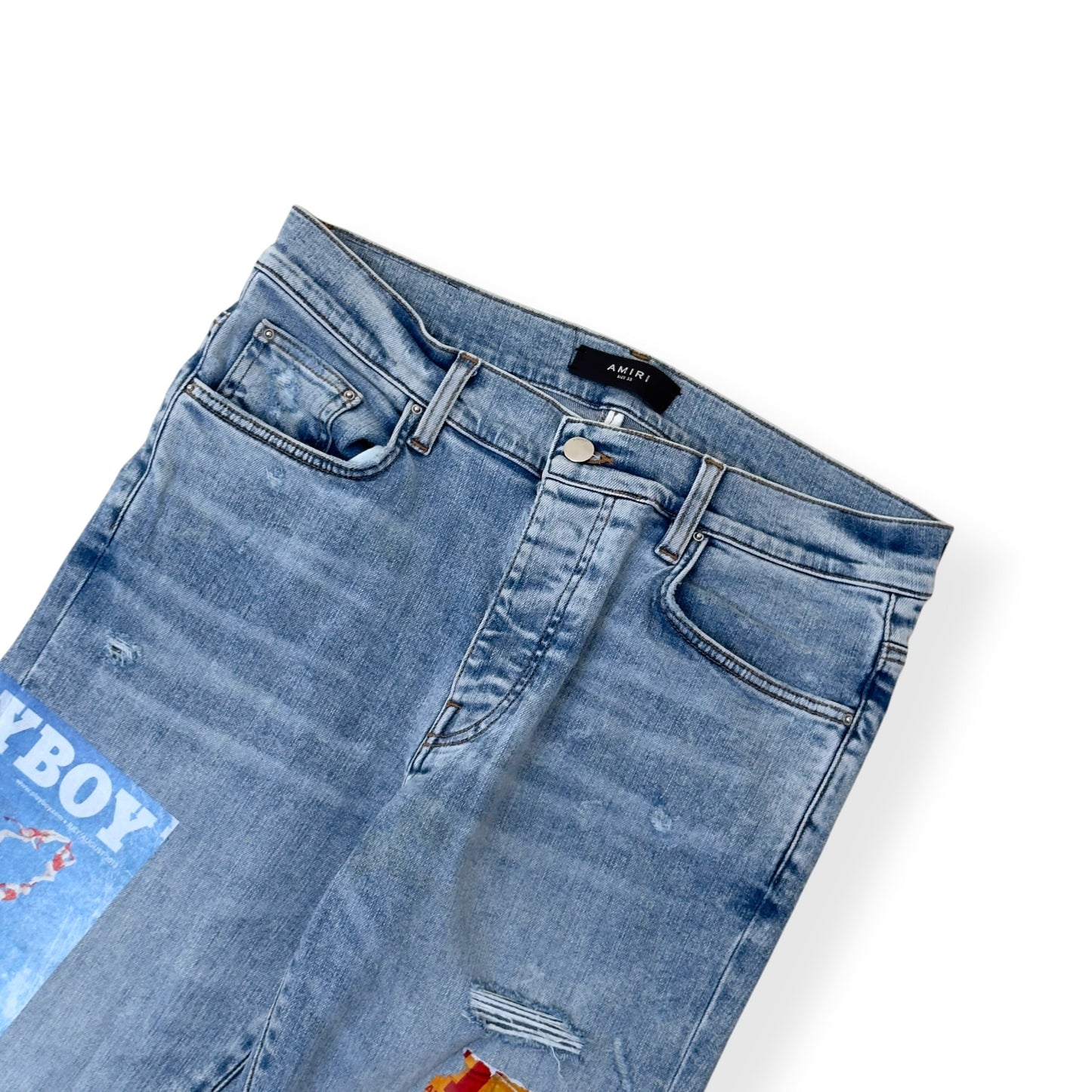 AMIRI X PLAYBOY MAGAZINE DISTRESSED SKINNY DENIM JEANS BLUE W33 / M | Medium, Blue