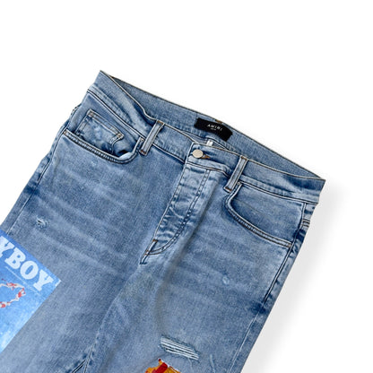 AMIRI X PLAYBOY MAGAZINE DISTRESSED SKINNY DENIM JEANS BLUE W33 / M | Medium, Blue