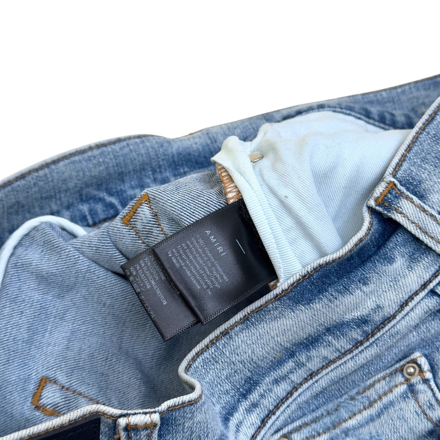 AMIRI X PLAYBOY MAGAZINE DISTRESSED SKINNY DENIM JEANS BLUE W33 / M | Medium, Blue