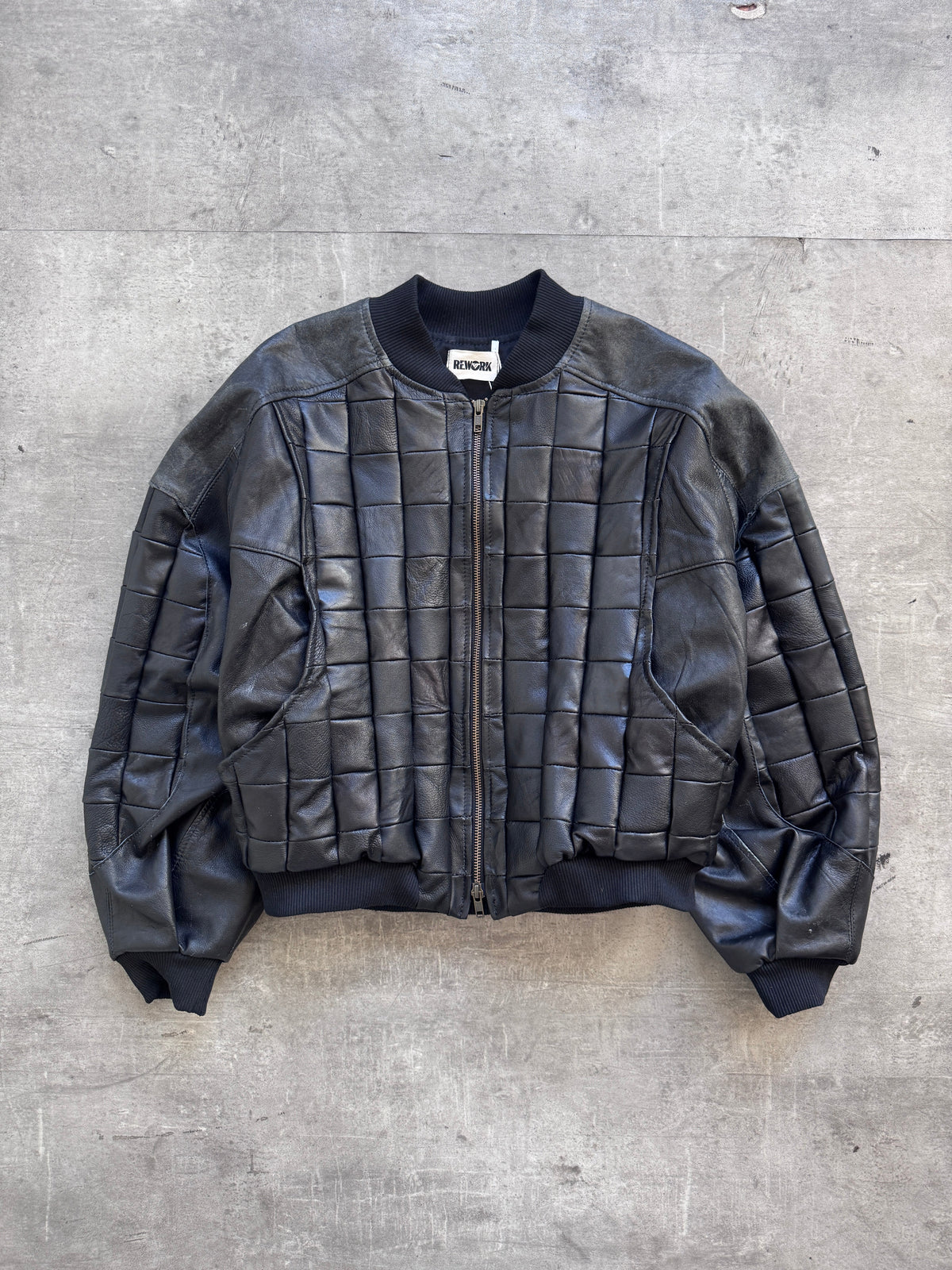 VT Rework: Hybrid Quilted Leather Cropped Bomber Jacket | Large, Black