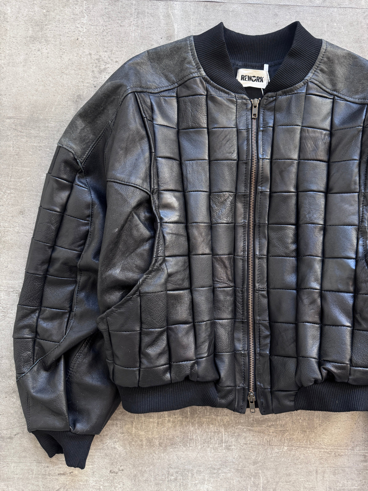 VT Rework: Hybrid Quilted Leather Cropped Bomber Jacket | Large, Black