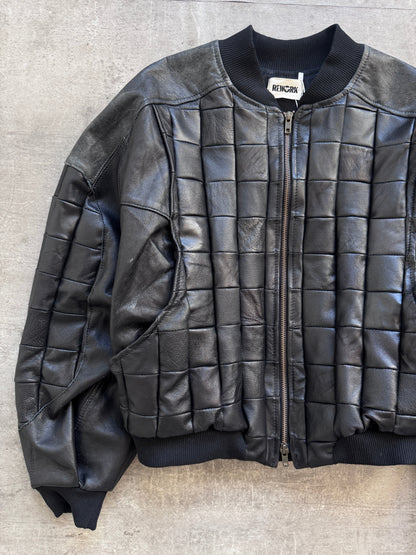 VT Rework: Hybrid Quilted Leather Cropped Bomber Jacket | Large, Black