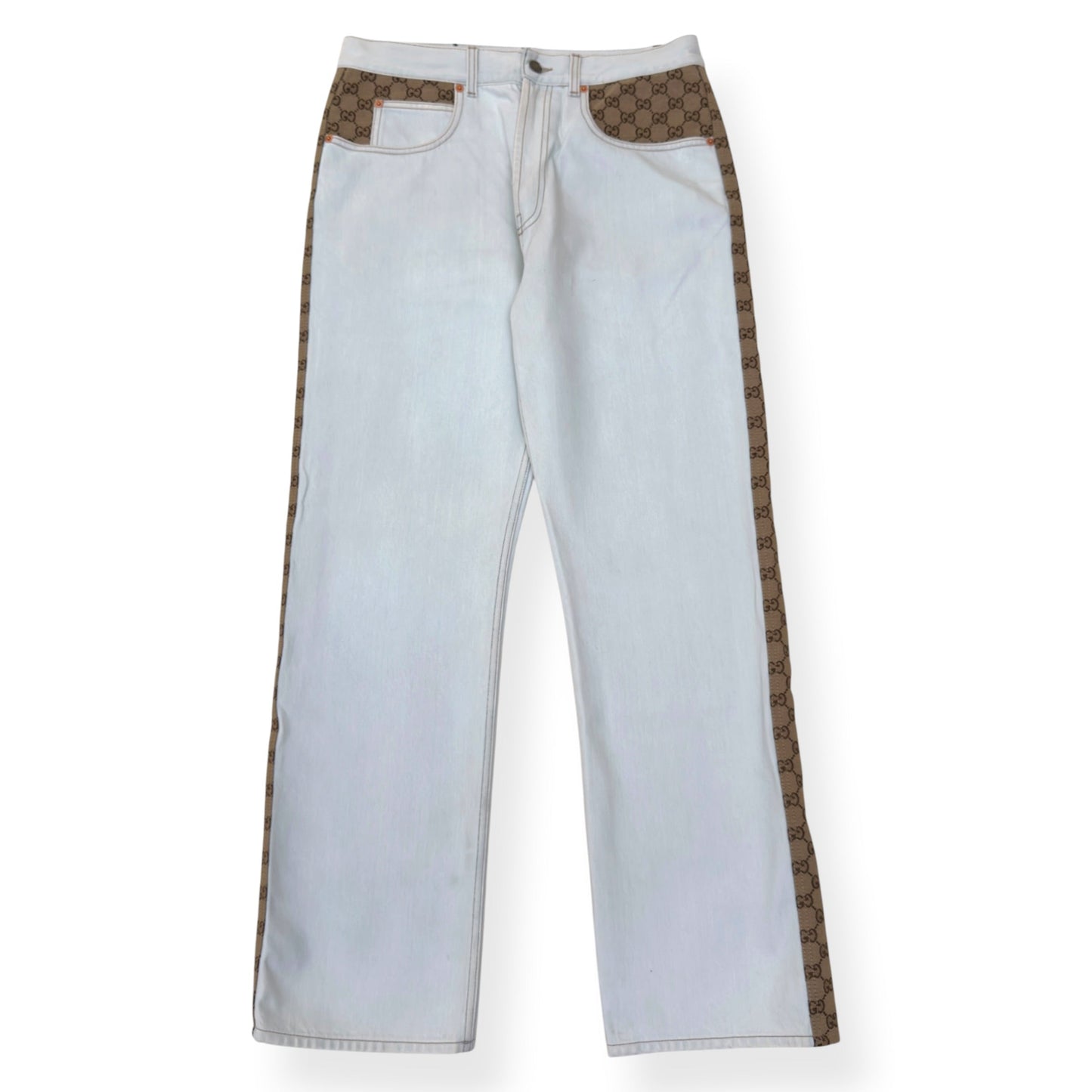 GUCCI GG CANVAS PANEL STRAIGHT LEG JEANS WHITE / BEIGE W34 / L | Large, Beige