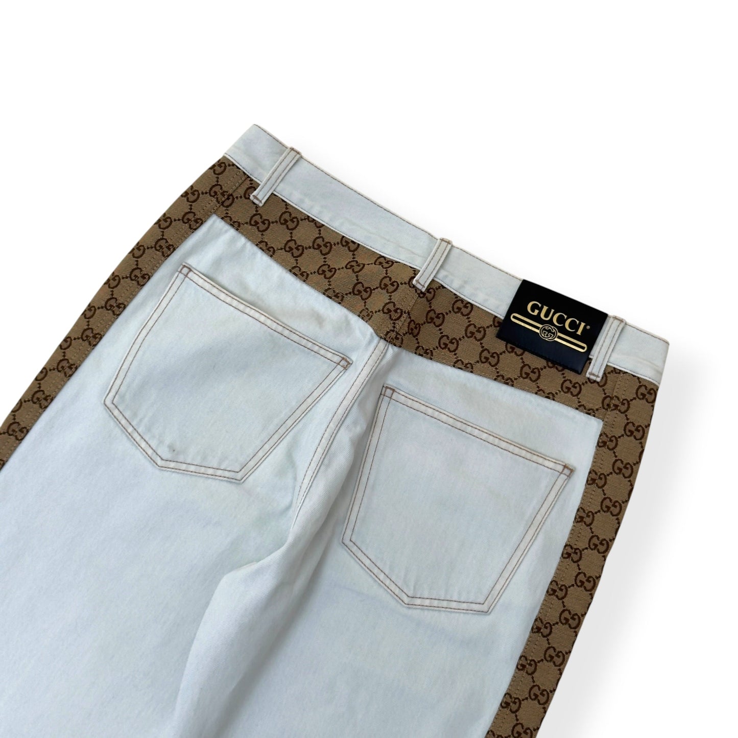 GUCCI GG CANVAS PANEL STRAIGHT LEG JEANS WHITE / BEIGE W34 / L | Large, Beige