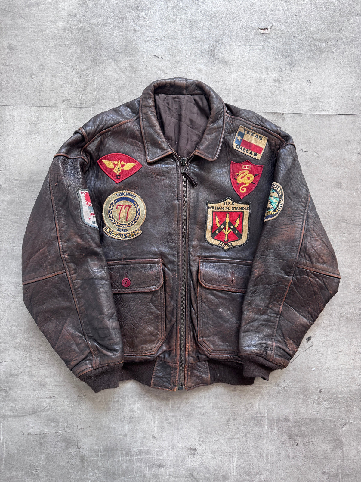 1987 Avirex Patched Texas Leather Flight Bomber Jacket | Extra Large, Brown