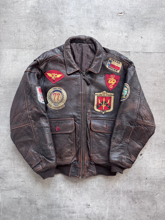 1987 Avirex Patched Texas Leather Flight Bomber Jacket | Extra Large, Brown