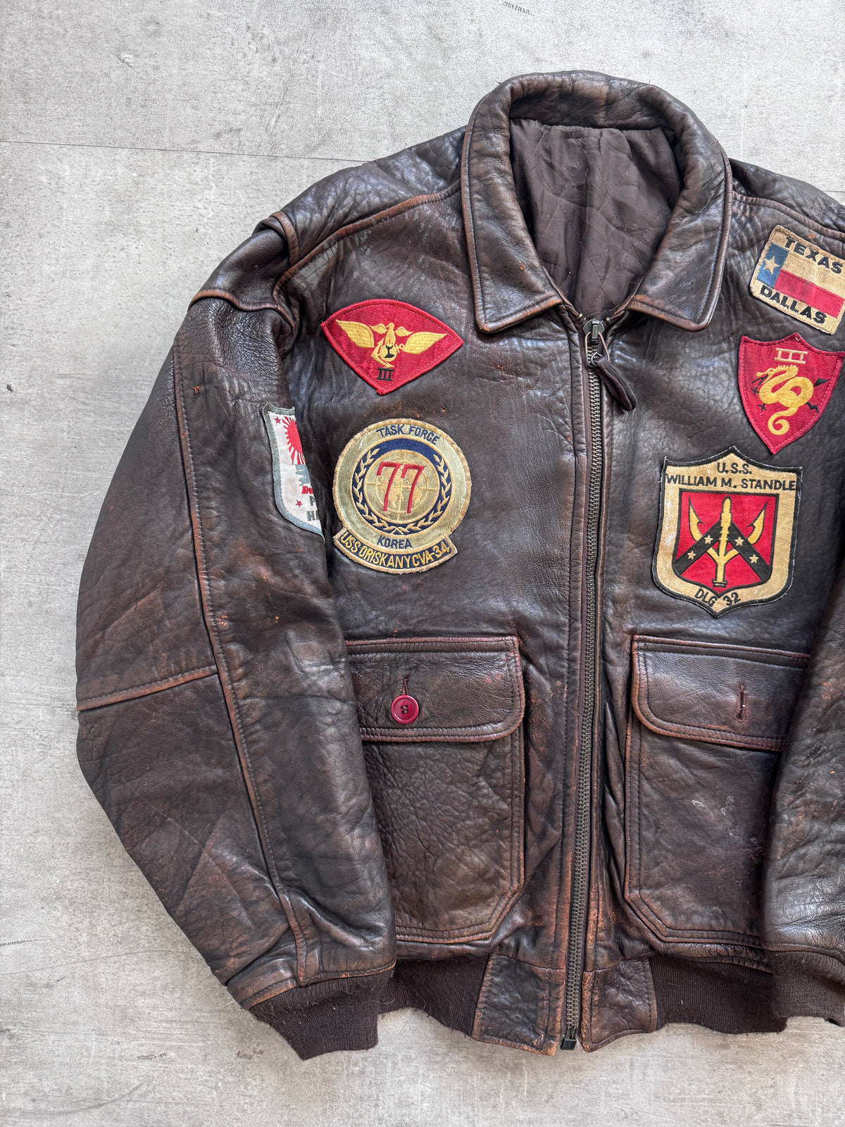 1987 Avirex Patched Texas Leather Flight Bomber Jacket | Extra Large, Brown