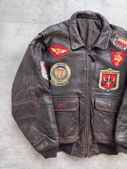 1987 Avirex Patched Texas Leather Flight Bomber Jacket | Extra Large, Brown