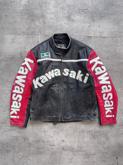 1990s Kawasaki Two Tone Spellout Moto Racing Leather Jacket | XL, Black