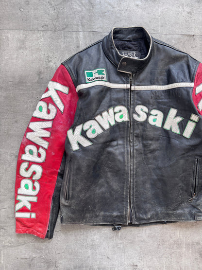 1990s Kawasaki Two Tone Spellout Moto Racing Leather Jacket | XL, Black