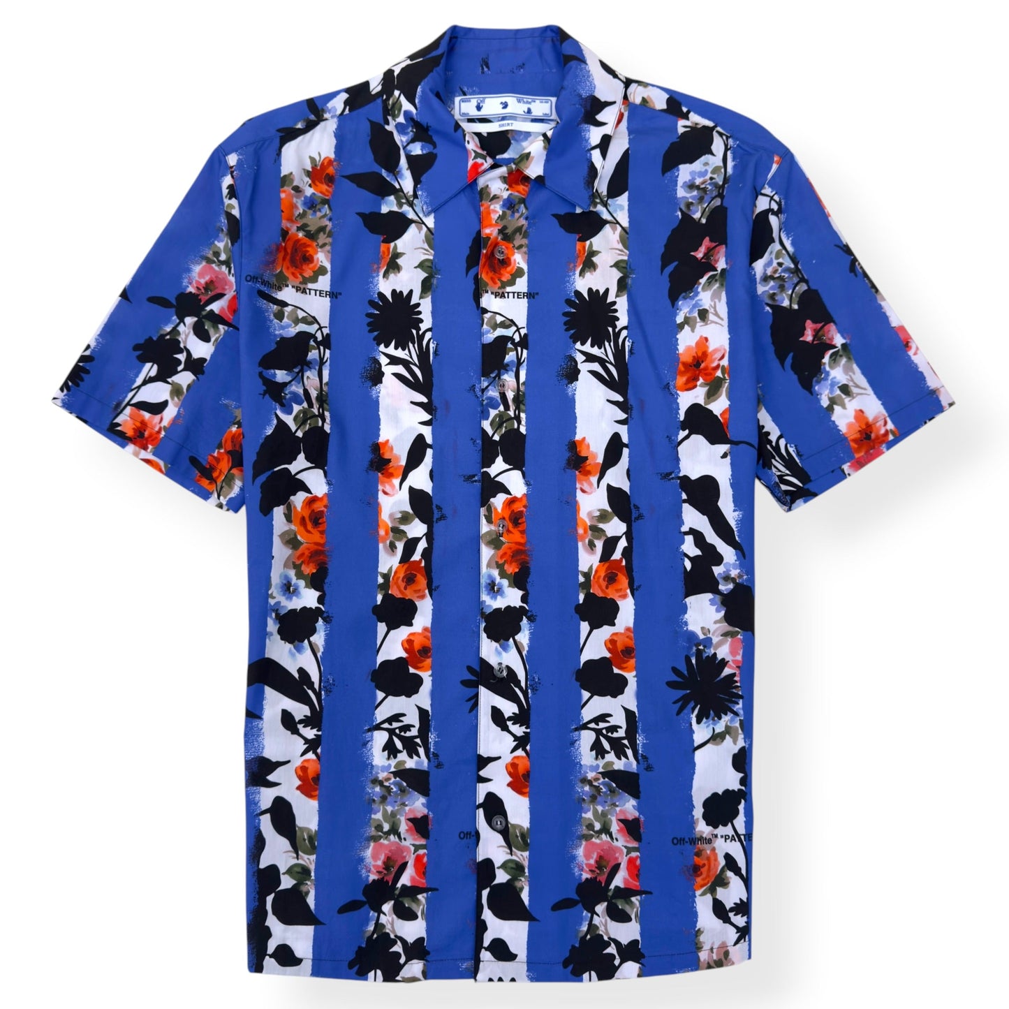 OFF-WHITE FLORAL STRIPE SHORT SLEEVE SHIRT BLUE L | Large, Blue