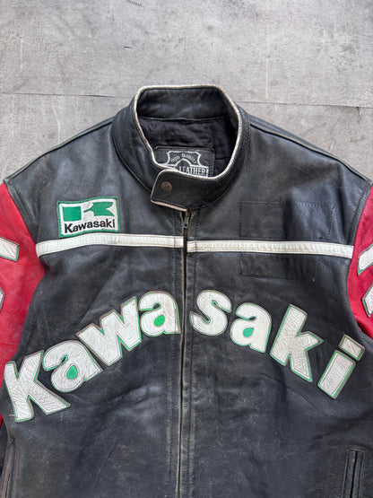 1990s Kawasaki Two Tone Spellout Moto Racing Leather Jacket | XL, Black