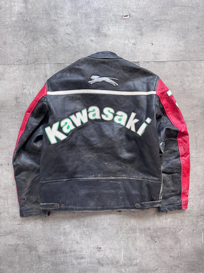 1990s Kawasaki Two Tone Spellout Moto Racing Leather Jacket | XL, Black