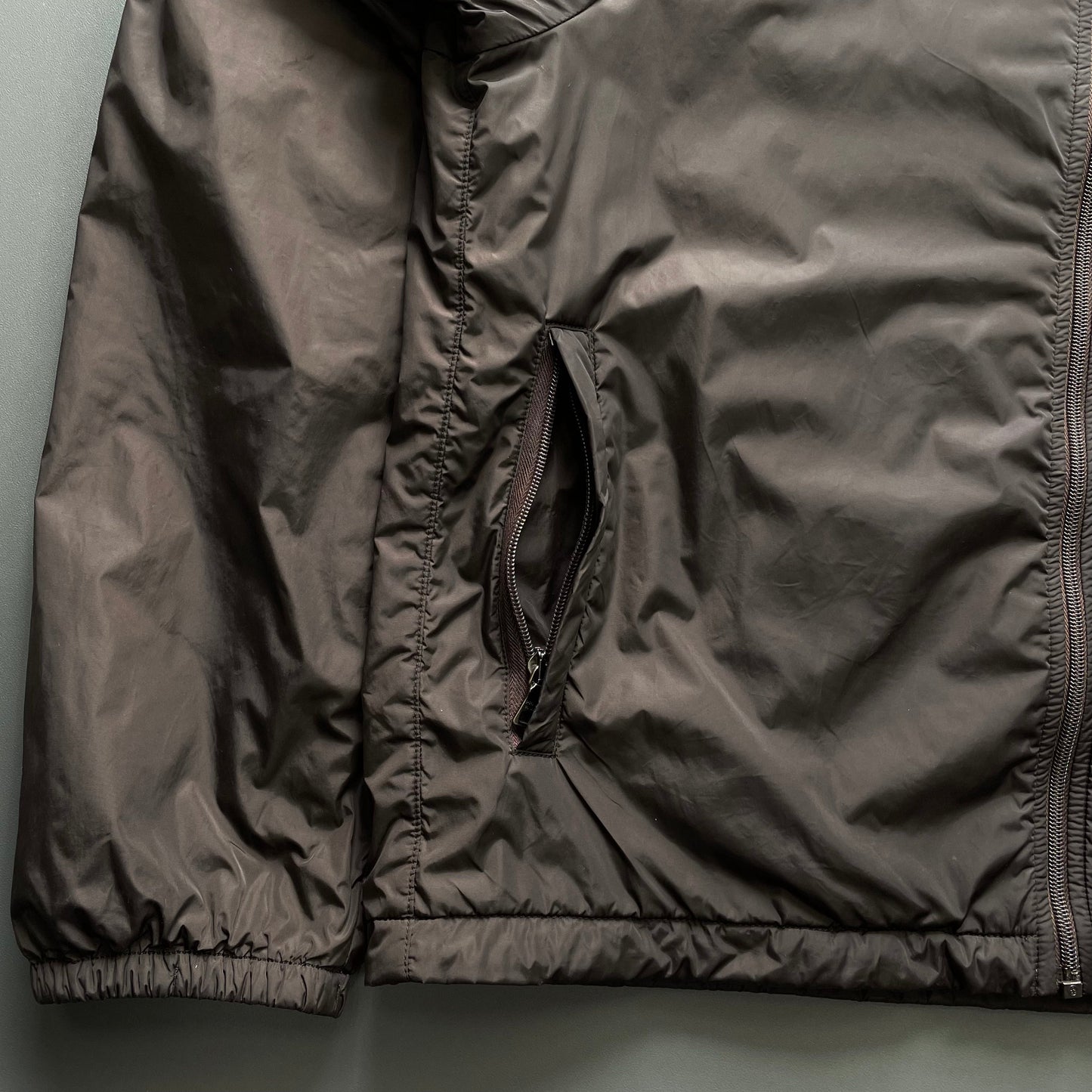 Prada Sport Brown 2007 Sleeve Spellout Nylon Hooded Windbreaker Jacket | X-Large, Brown