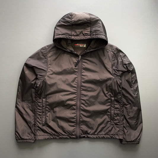 Prada Sport Brown 2007 Sleeve Spellout Nylon Hooded Windbreaker Jacket | X-Large, Brown
