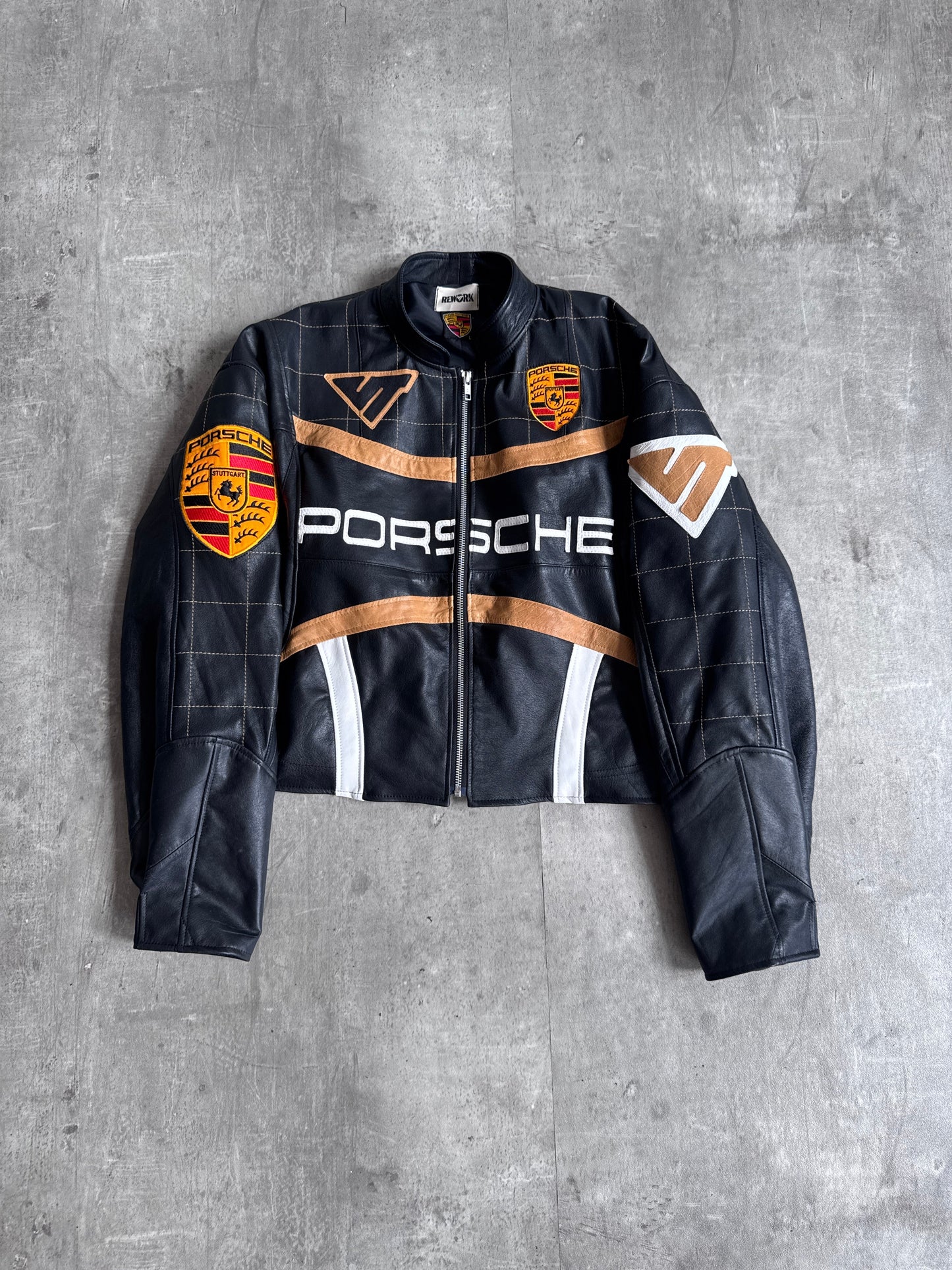 VT Rework: Porsche Black Check Detail Cropped Leather Jacket