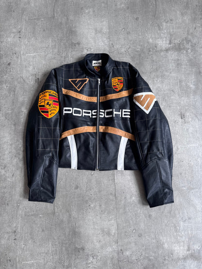 VT Rework: Porsche Black Check Detail Cropped Leather Jacket