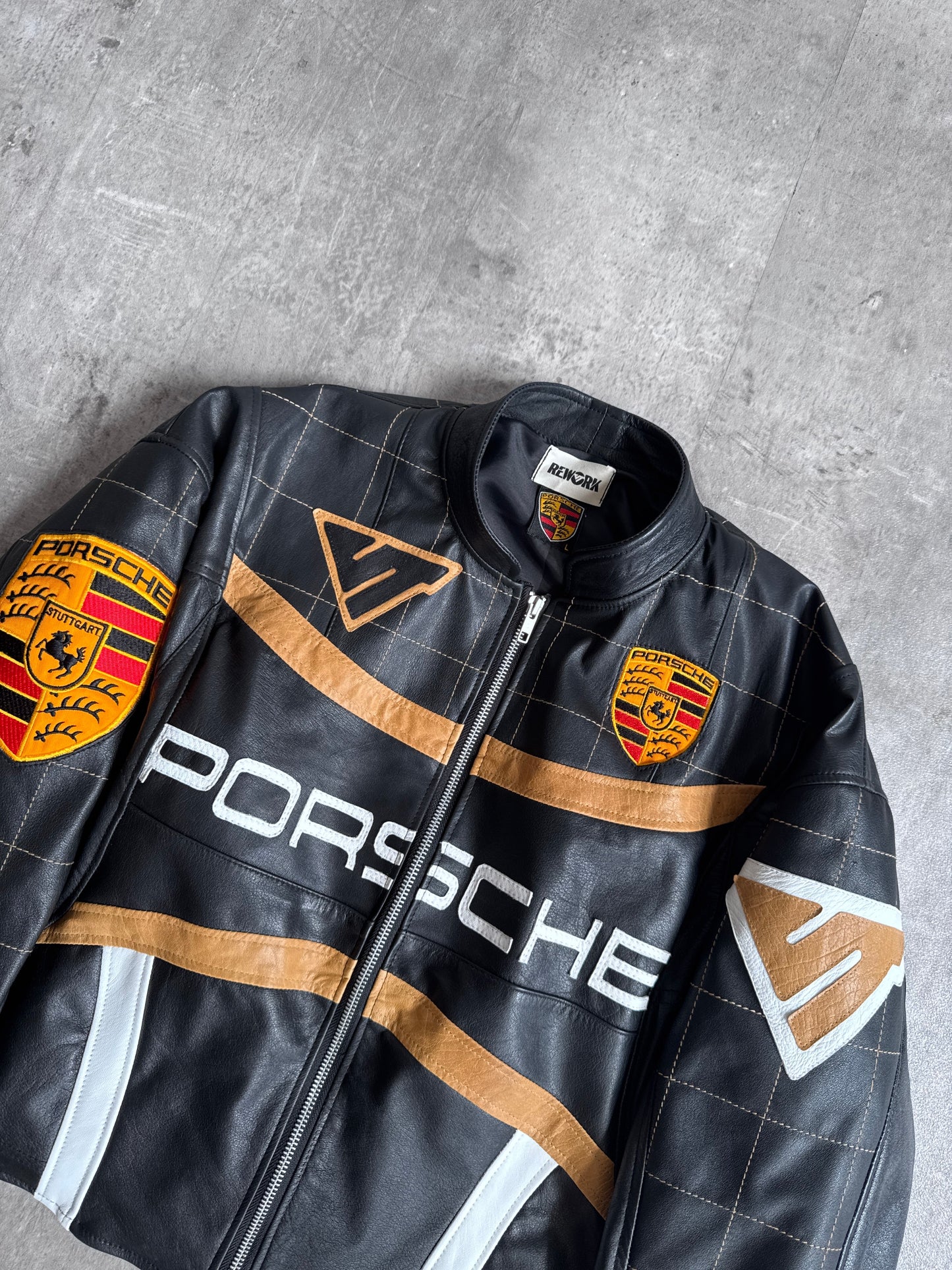 VT Rework: Porsche Black Check Detail Cropped Leather Jacket
