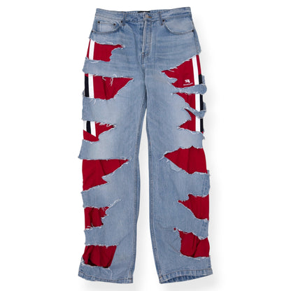 BALENCIAGA SPORTY B TRACKSUIT DENIM HYBRID JEANS BLUE / RED M | Medium, Blue