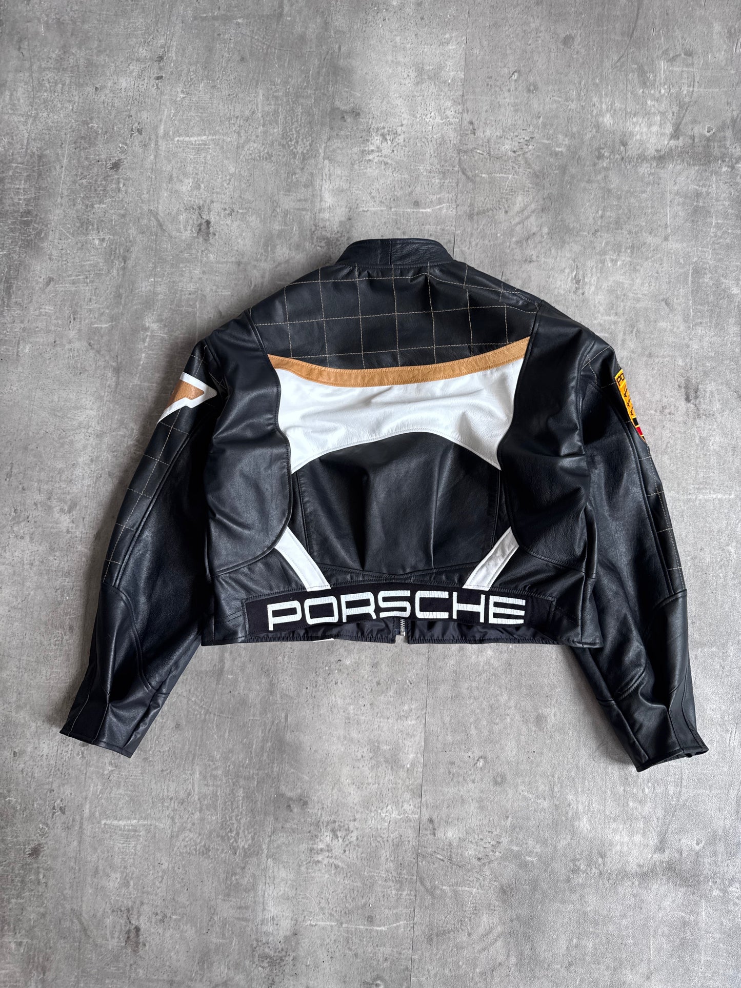 VT Rework: Porsche Black Check Detail Cropped Leather Jacket