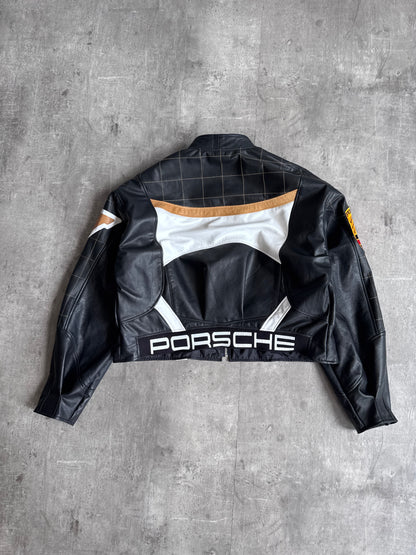 VT Rework: Porsche Black Check Detail Cropped Leather Jacket