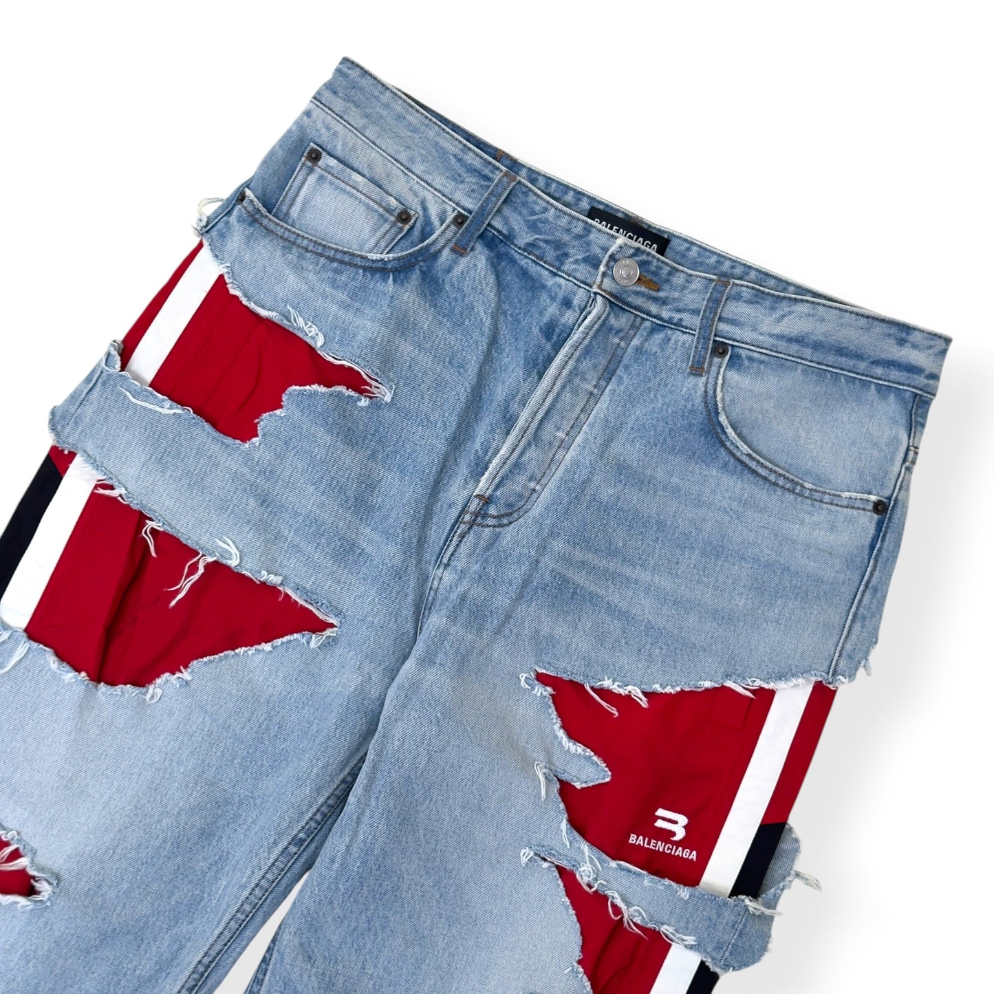 BALENCIAGA SPORTY B TRACKSUIT DENIM HYBRID JEANS BLUE / RED M | Medium, Blue
