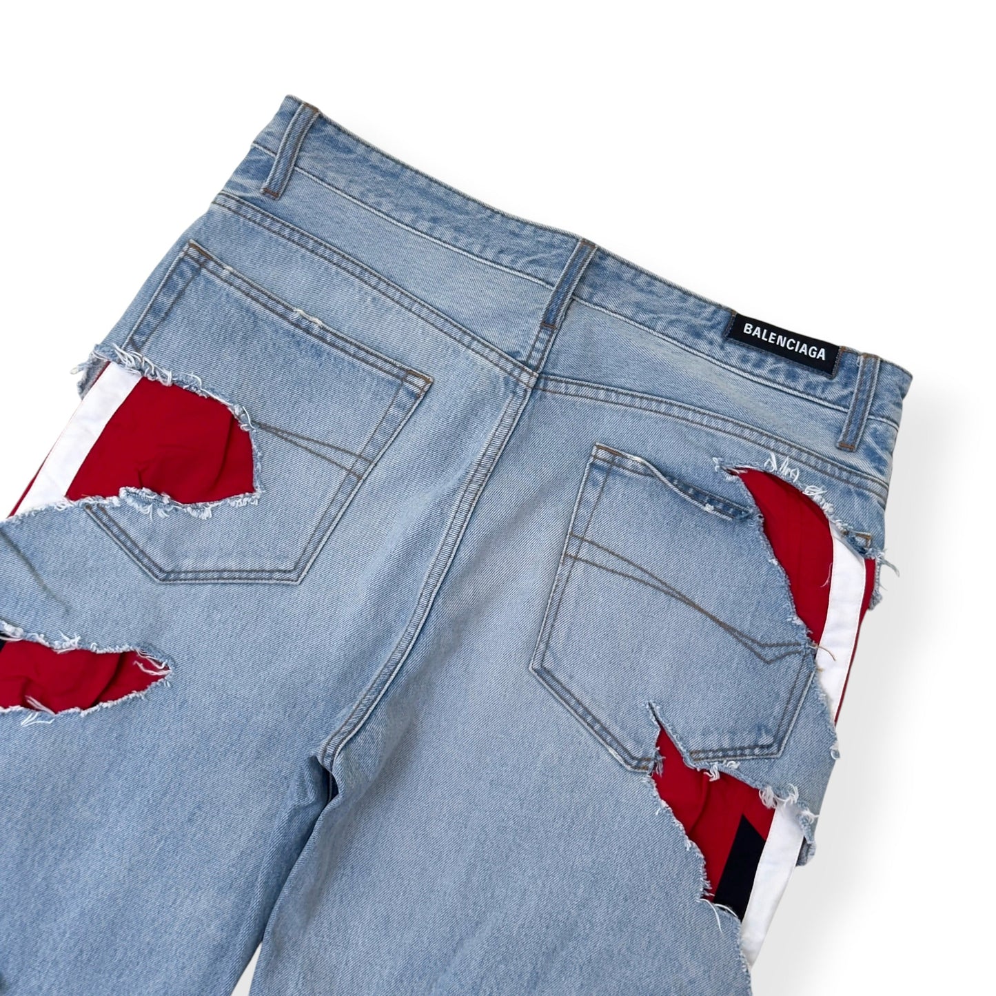 BALENCIAGA SPORTY B TRACKSUIT DENIM HYBRID JEANS BLUE / RED M | Medium, Blue