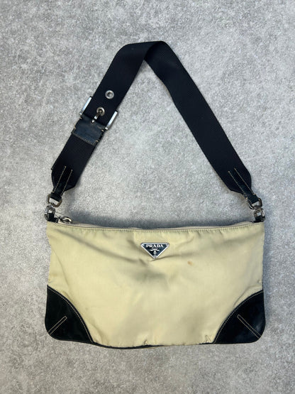 Prada Two-tone Logo Plaque Nylon Leather Buckle Shoulder Bag