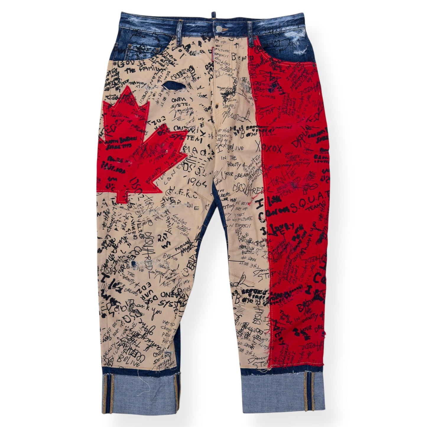 DSQUARED2 CROPPED CANADIAN FLAG GRAFFITI DENIM JEANS BLUE / RED / BEIGE 50 / L | Large, Multicoloured
