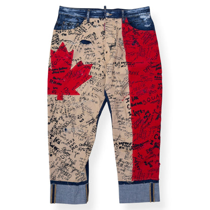 DSQUARED2 CROPPED CANADIAN FLAG GRAFFITI DENIM JEANS BLUE / RED / BEIGE 50 / L | Large, Multicoloured