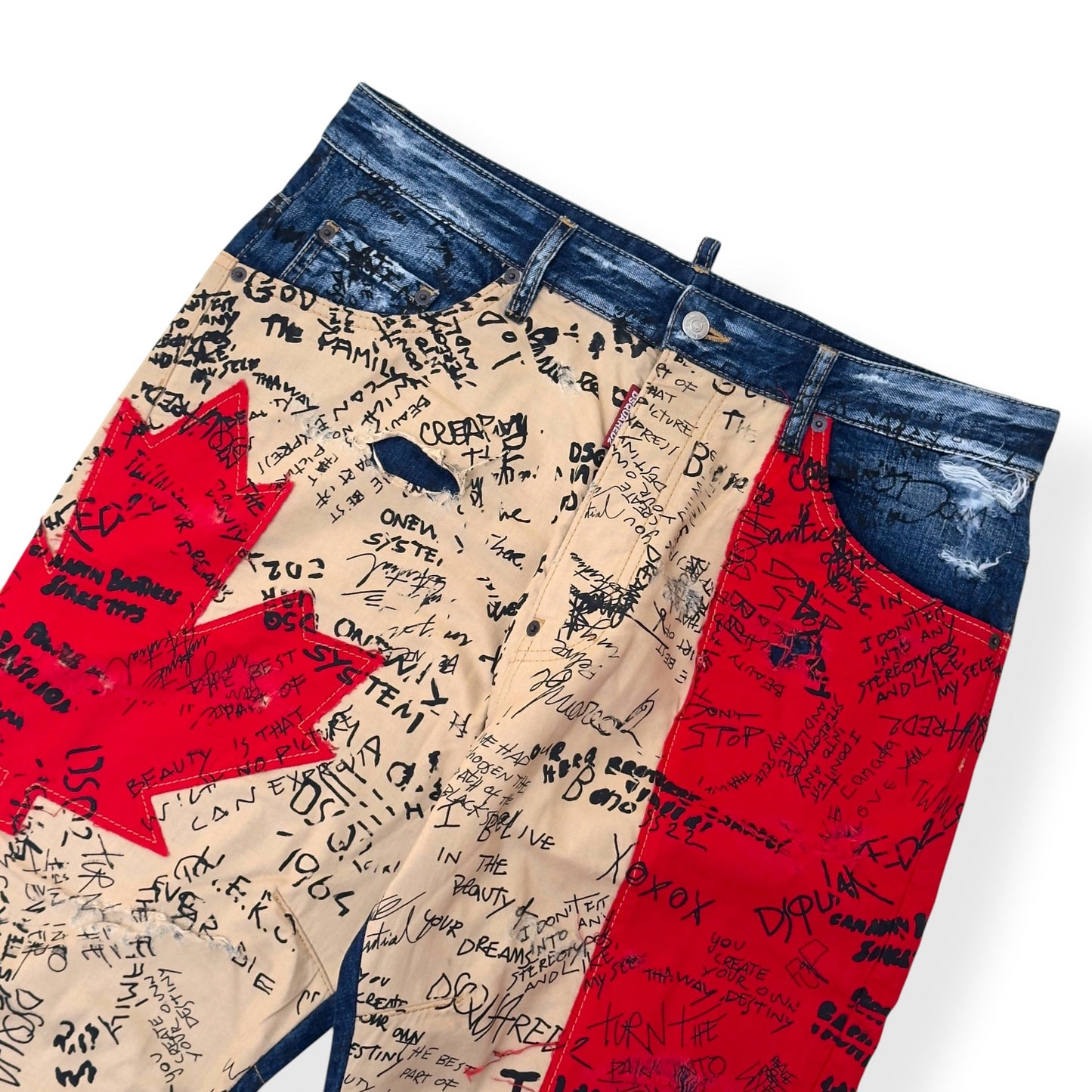 DSQUARED2 CROPPED CANADIAN FLAG GRAFFITI DENIM JEANS BLUE / RED / BEIGE 50 / L | Large, Multicoloured