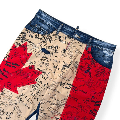 DSQUARED2 CROPPED CANADIAN FLAG GRAFFITI DENIM JEANS BLUE / RED / BEIGE 50 / L | Large, Multicoloured