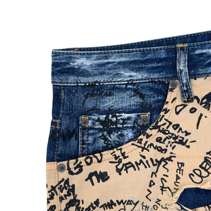 DSQUARED2 CROPPED CANADIAN FLAG GRAFFITI DENIM JEANS BLUE / RED / BEIGE 50 / L | Large, Multicoloured