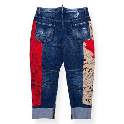 DSQUARED2 CROPPED CANADIAN FLAG GRAFFITI DENIM JEANS BLUE / RED / BEIGE 50 / L | Large, Multicoloured