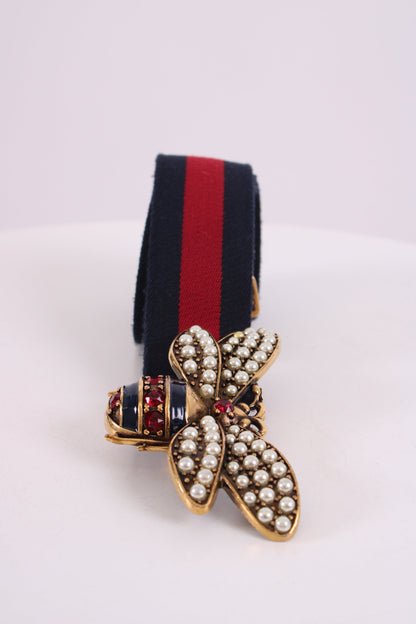 Gucci Embellished Bee Belt Navy/ Red 90 | O/S, Multicoloured