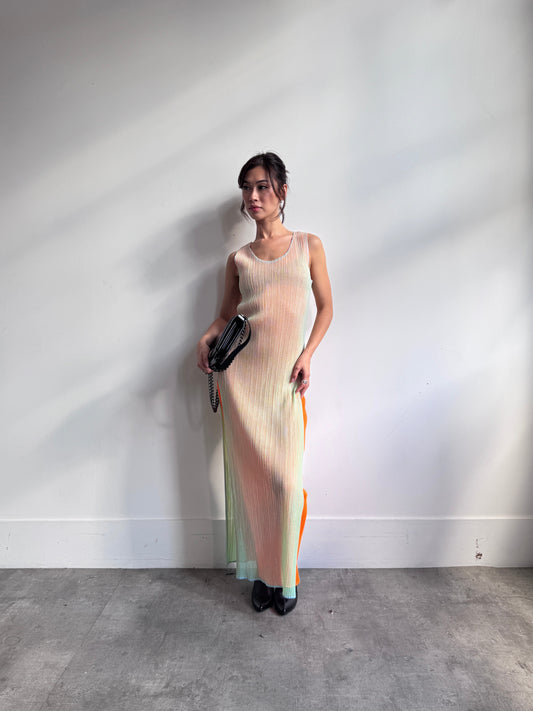 Issey Miyake Pleats Please Mesh Pleated Maxi Dress | O/S, Orange, Green